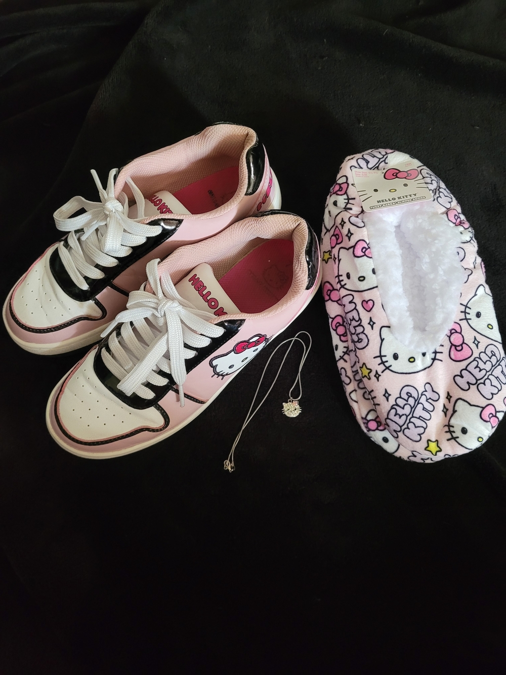 Hello Kitty Bundle Pink Womens Cute Character Sneakers, Slippers, and Necklace